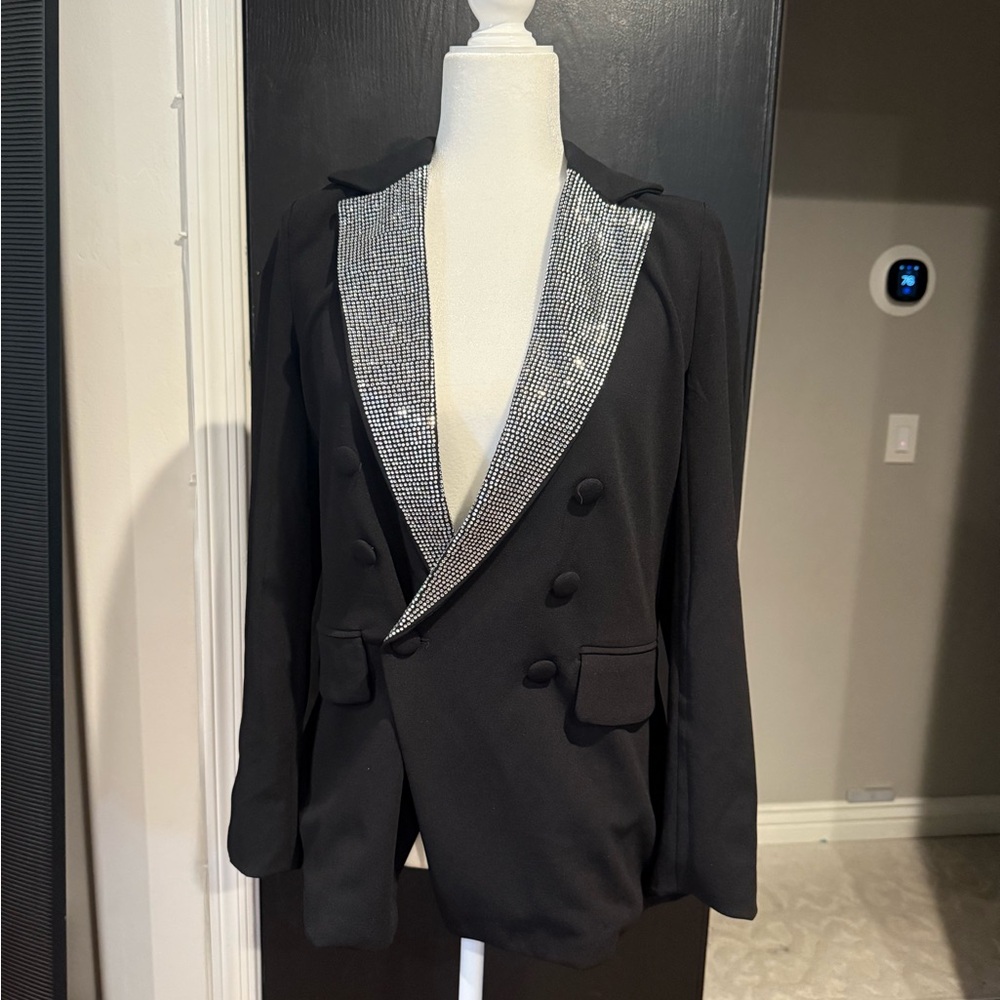 Fashion Nova Black Rhinestone-Trim Blazer